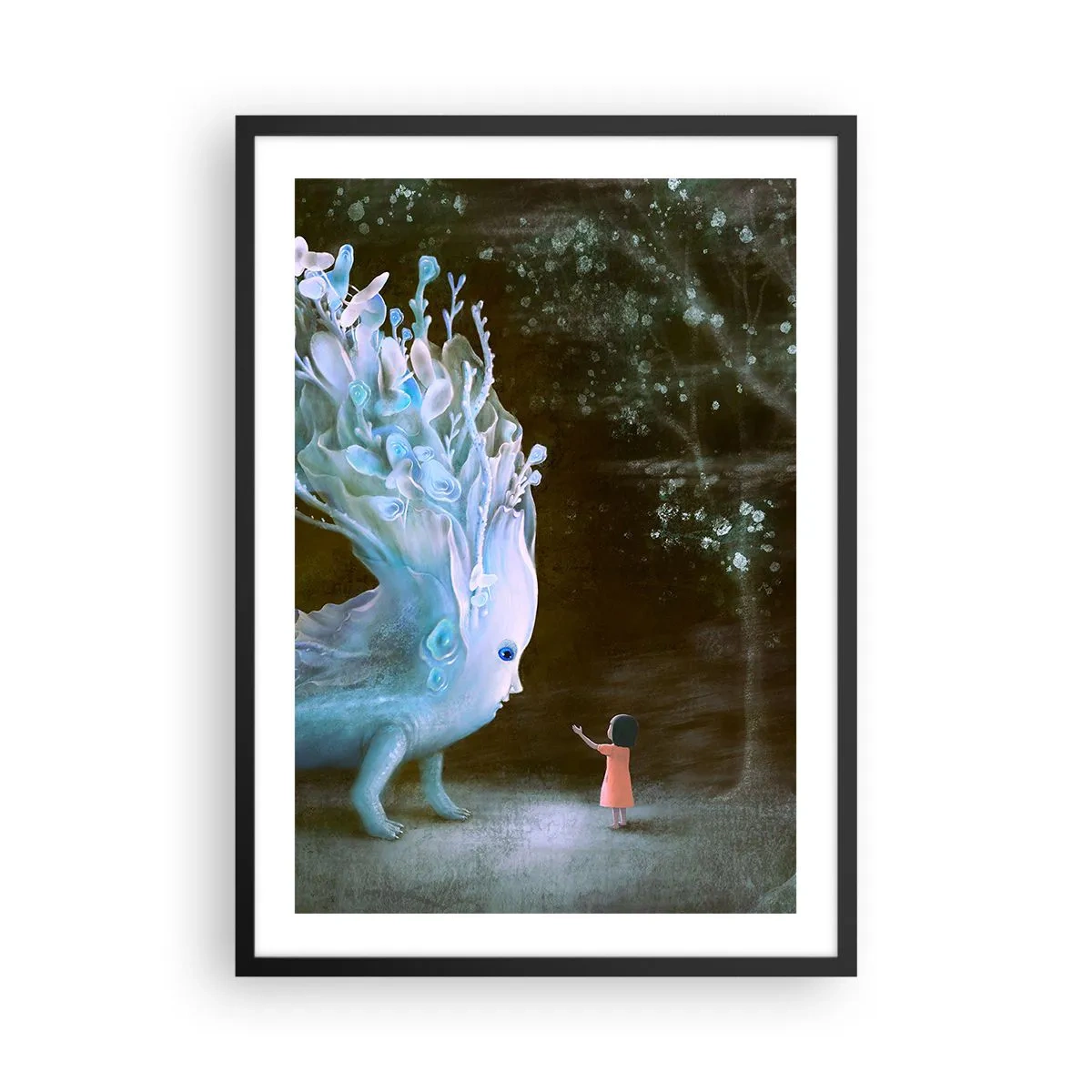Poster in einem schwarzem Rahmen - Ein Mädchen begegnet im Wald in einer leuchtenden Umgebung einem magischen Wesen. - 50x70cm - Fantastisches Treffen - Moderne Wanddekoration für Wohnzimmer und Schlafzimmer ARTTOR