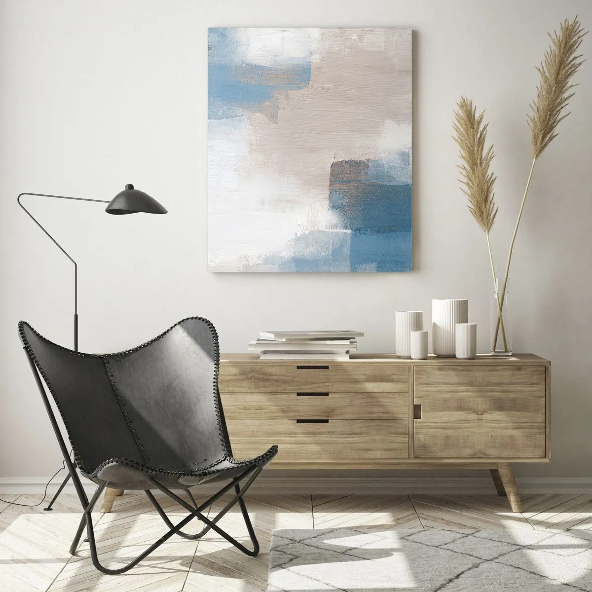 Glasbild - Bild auf glas - Beige und blaue Abstraktion in Pastellfarben - 50x70cm - Rosa Abstraktion hinter einem blauen Vorhang - Moderne Wanddekoration für Wohnzimmer und Schlafzimmer ARTTOR