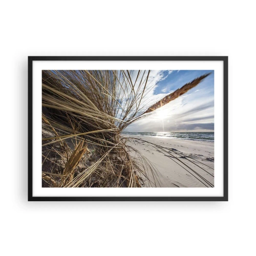 Poster in einem schwarzem Rahmen - Ein Strand mit trockenem Gras auf den Dünen und Blick auf das Meer - 70x50cm - Ein Treffen der Elemente der Natur - Moderne Wanddekoration für Wohnzimmer und Schlafzimmer ARTTOR