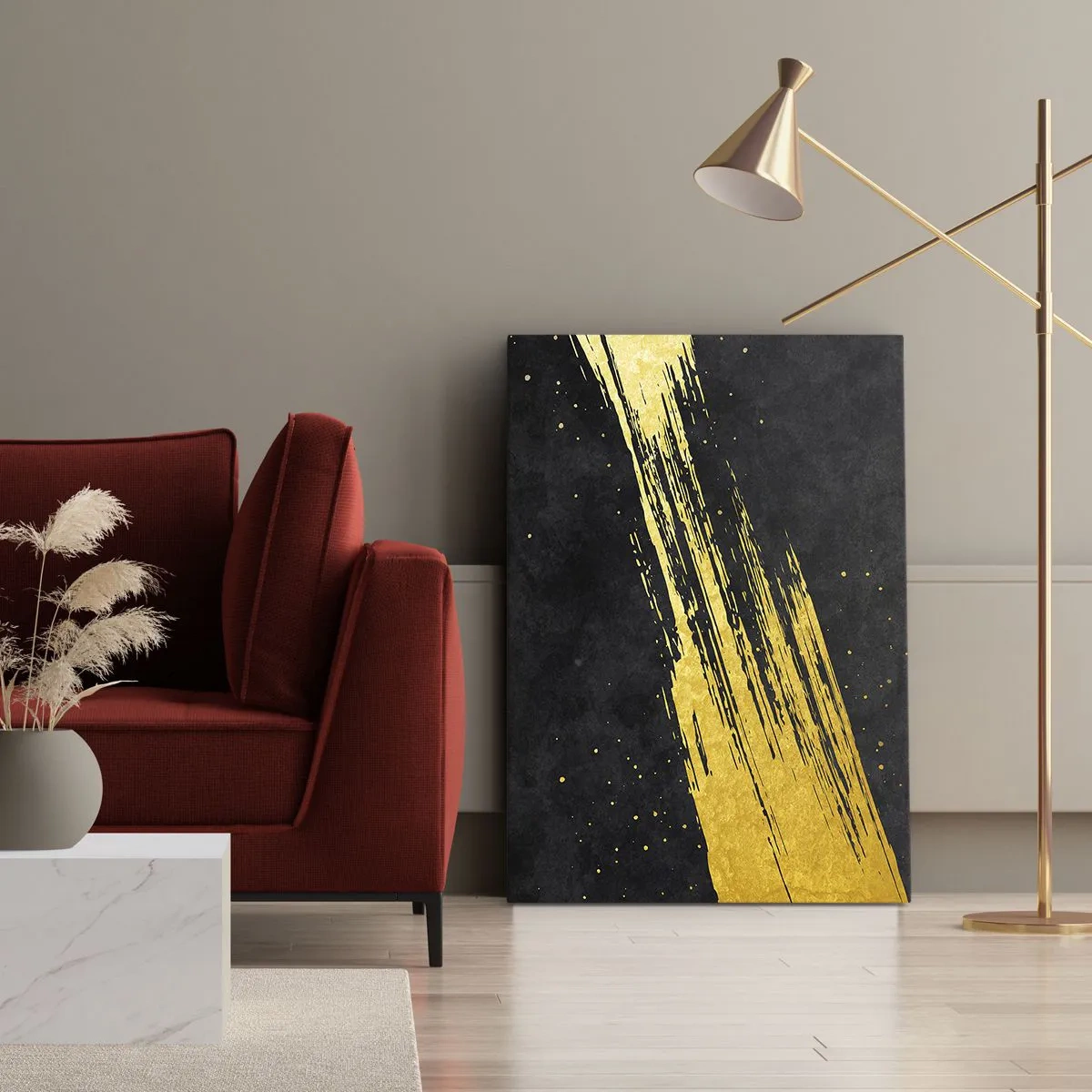 Bild auf Leinwand - Leinwandbild - Schwarzer Hintergrund mit dynamischen goldenen Pinselstrichen - 50x70cm - Sprung in den Hyperraum - Moderne Wanddekoration für Wohnzimmer und Schlafzimmer ARTTOR