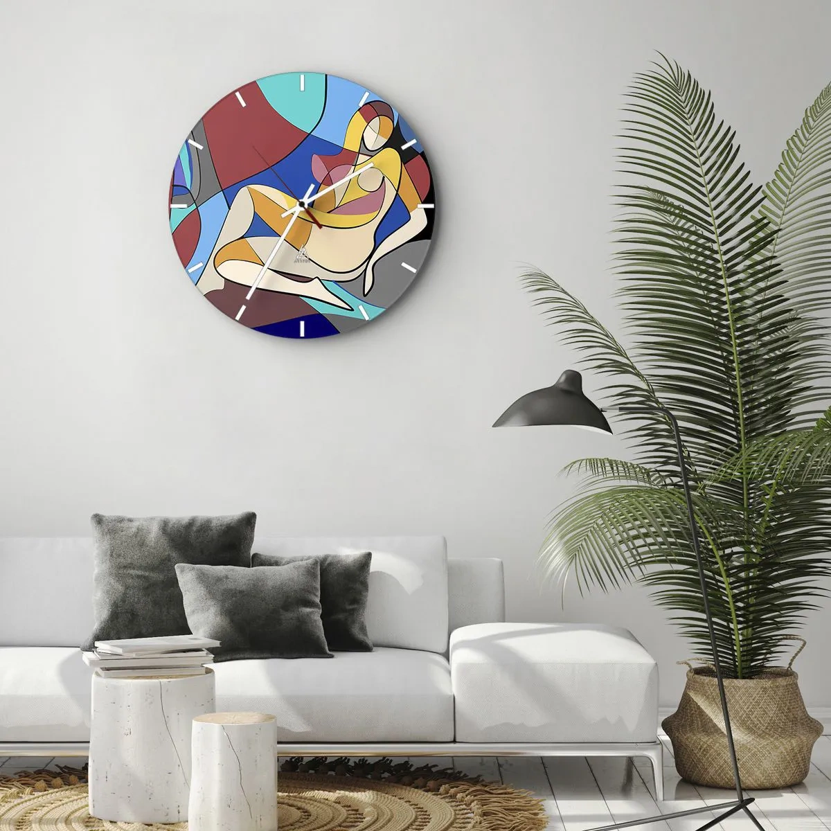 Wanduhr - Glasuhr - Ein farbenfroher weiblicher Akt im kubistischen Stil mit deutlicher Kontur. - 30x30cm - Kubistischer Akt - Moderne Wanddekoration für Wohnzimmer, Küche und Schlafzimmer ARTTOR