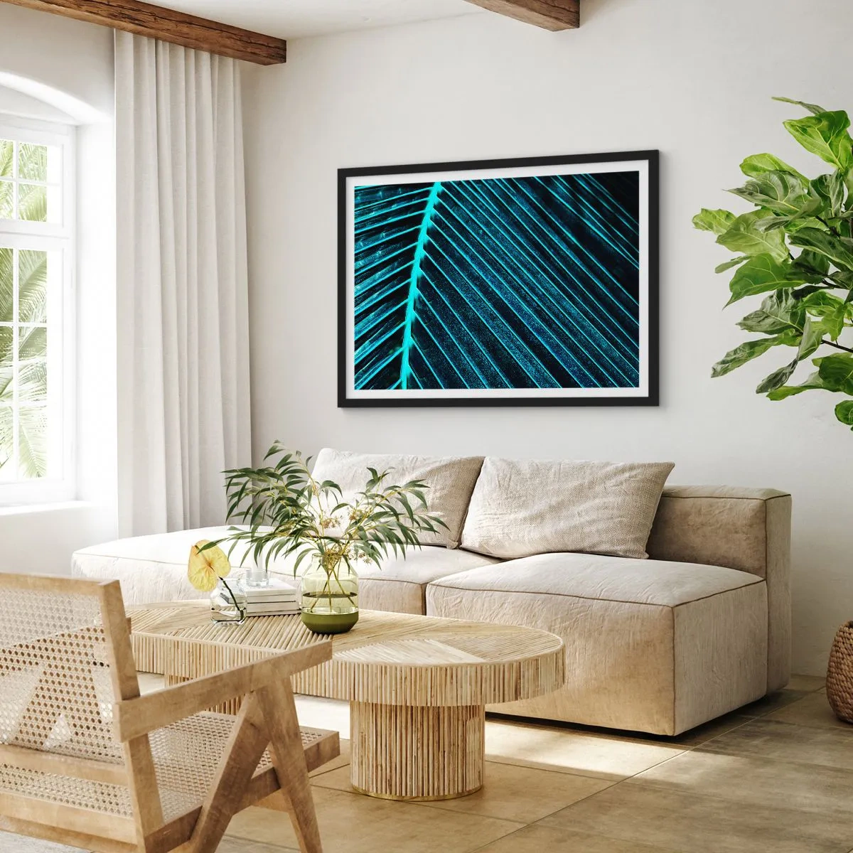 Poster in einem schwarzem Rahmen - Makrofotografie eines Blattes in Türkis- und Marineblautönen - 70x50cm - Grüne Textur - Moderne Wanddekoration für Wohnzimmer und Schlafzimmer ARTTOR