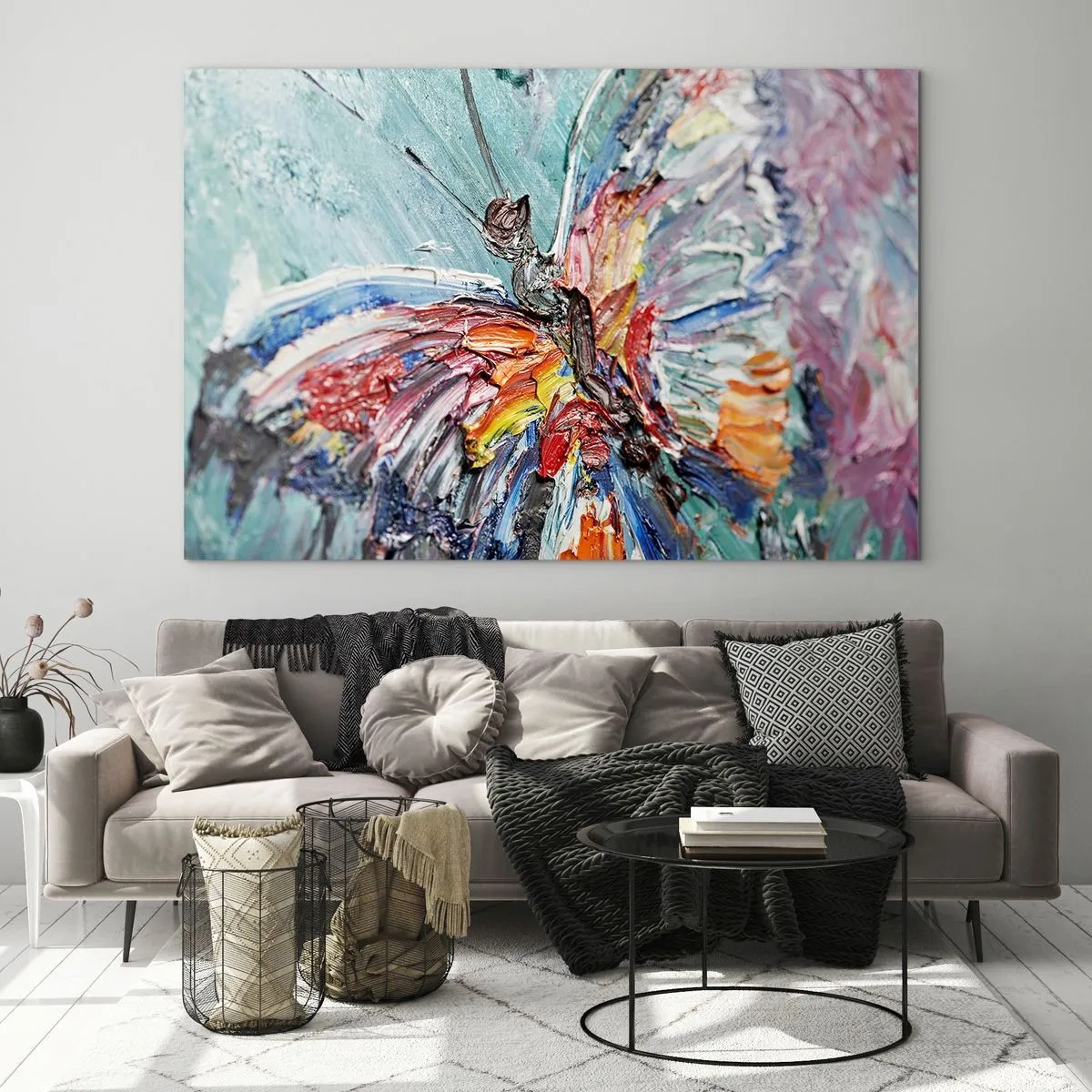 Glasbild - Bild auf glas - Bunter Schmetterling im abstrakten Stil auf blauem Hintergrund - 120x80cm - Von der Natur gemalt - Moderne Wanddekoration für Wohnzimmer und Schlafzimmer ARTTOR
