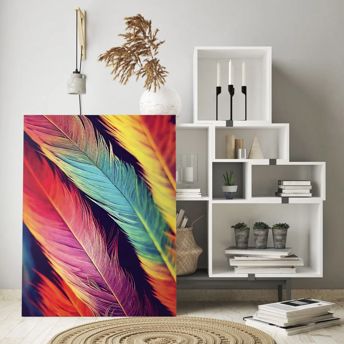 Glasbild - Bild auf glas - Bunte Federn in intensiven Regenbogentönen - 50x70cm - Gefiederter Regenbogen - Moderne Wanddekoration für Wohnzimmer und Schlafzimmer ARTTOR