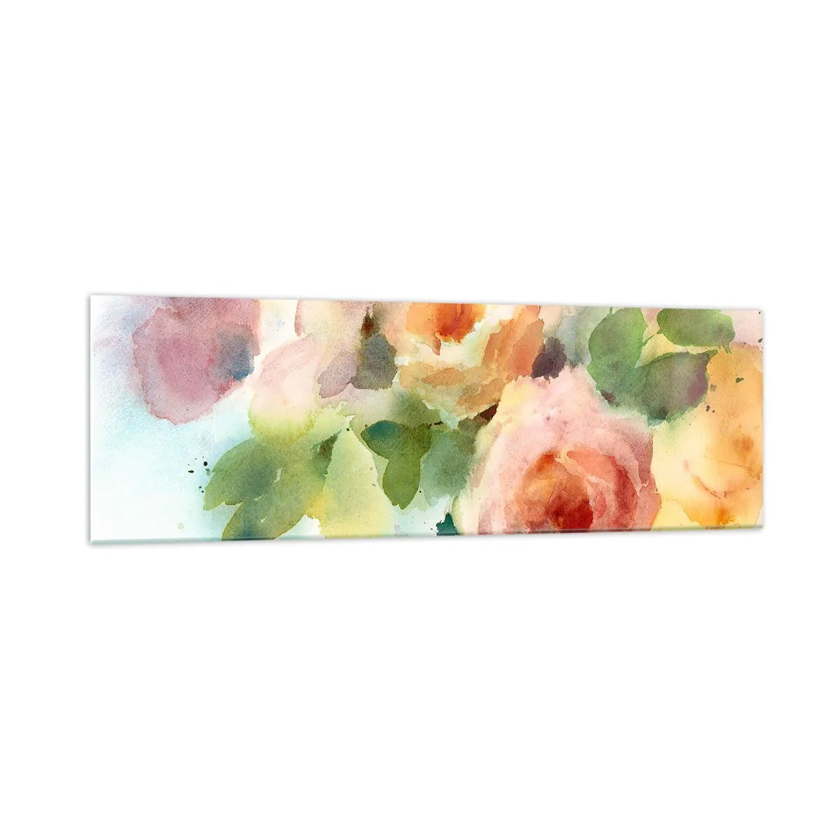 Glasbild - Bild auf glas - Zarte Rosen im Aquarell-Stil auf hellem Hintergrund - 160x50cm - Zart wie Aquarell - Moderne Wanddekoration für Wohnzimmer und Schlafzimmer ARTTOR