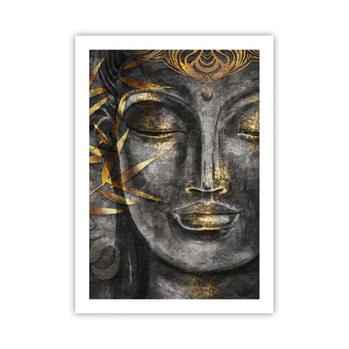 Poster - Porträt von Buddha mit goldenem Glanz und Bambusblattelementen - 50x70cm - Fühle den Frieden - Moderne Wanddekoration für Wohnzimmer und Schlafzimmer ARTTOR