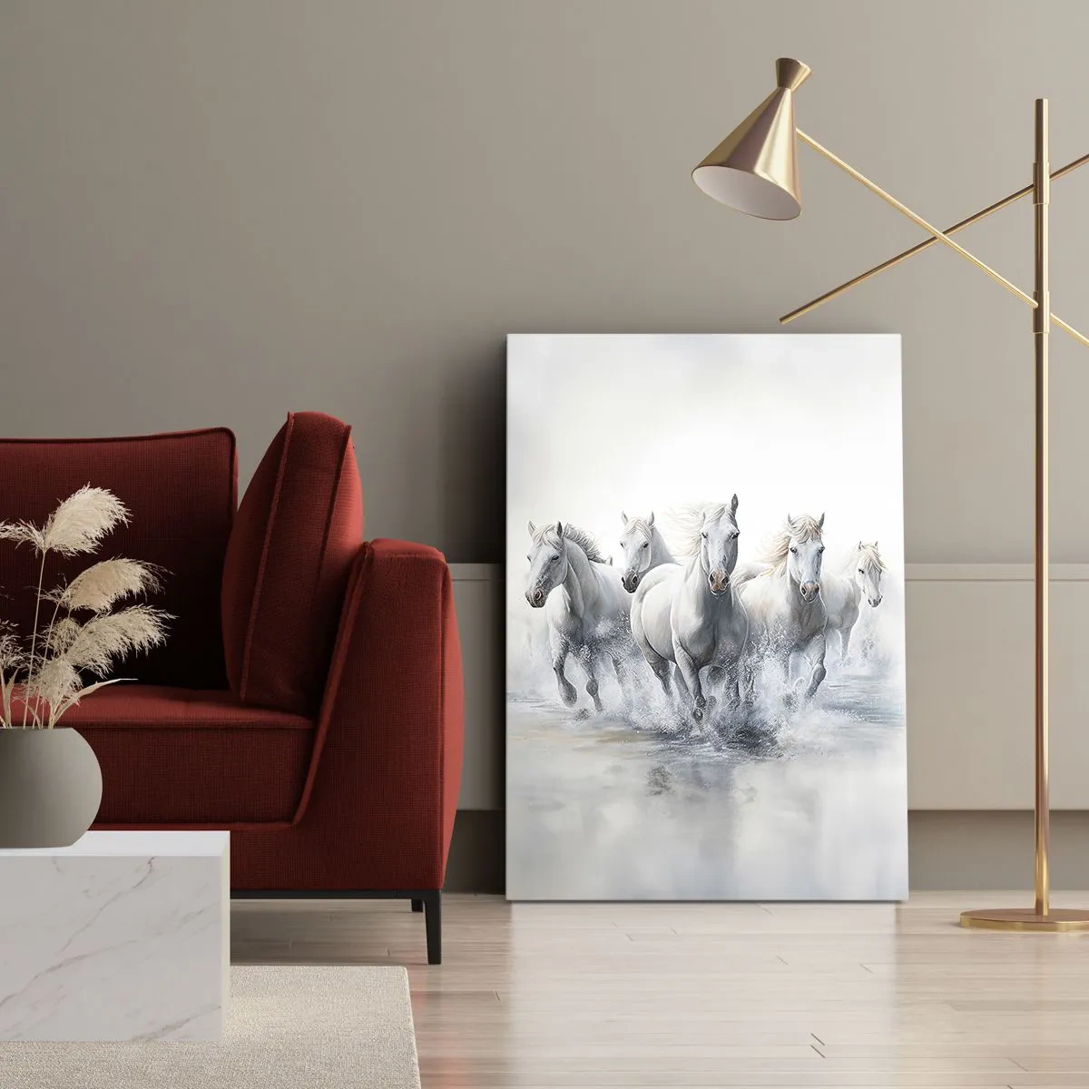 Bild auf Leinwand - Leinwandbild - Weiße Pferde galoppieren durch das Wasser - 50x70cm - Weiße Magie - Moderne Wanddekoration für Wohnzimmer und Schlafzimmer ARTTOR