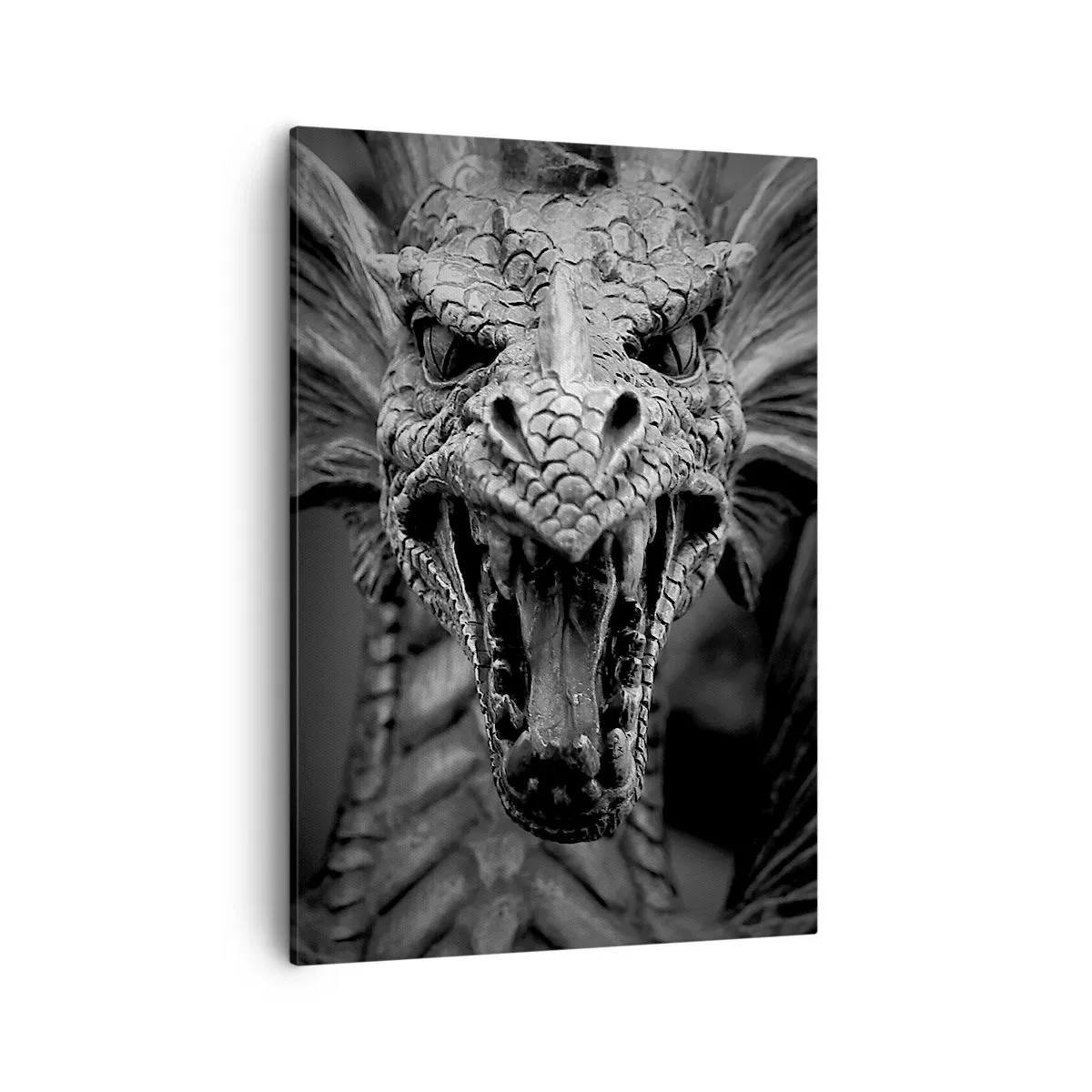 Bild auf Leinwand - Leinwandbild - Ein bedrohlicher Drachenkopf in Schwarz-Weiß mit ausdrucksstarken Details. - 50x70cm - Ein märchenhafter Drache in Grau - Moderne Wanddekoration für Wohnzimmer und Schlafzimmer ARTTOR