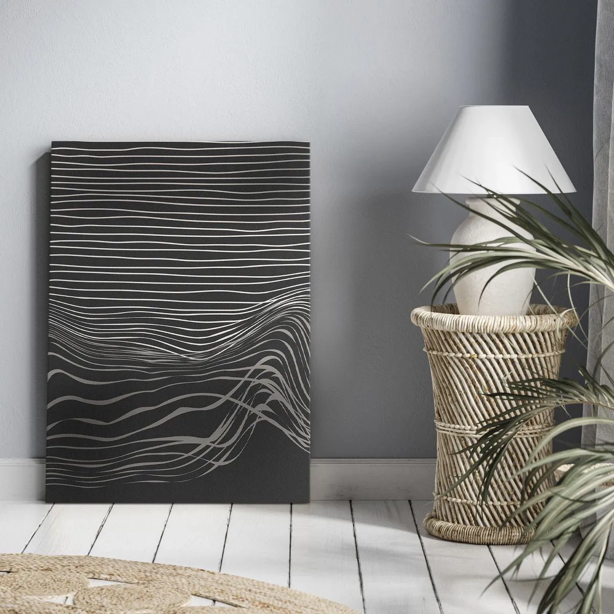 Bild auf Leinwand - Leinwandbild - Weiße Linien auf dunkelgrauem Hintergrund in abstrakter Anordnung - 80x120cm - Rhythmus und Akzent - Moderne Wanddekoration für Wohnzimmer und Schlafzimmer ARTTOR