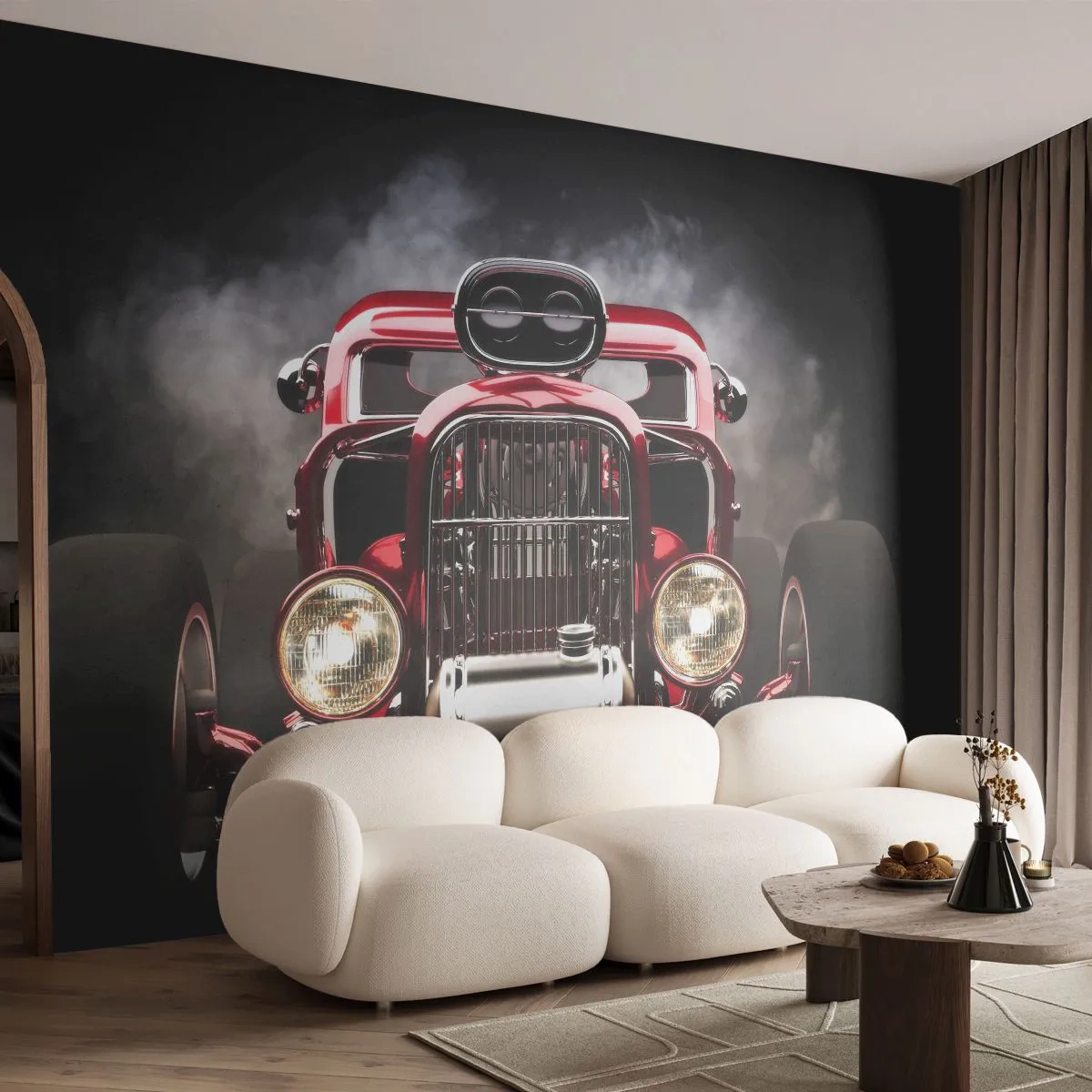 Fototapete Premium Sand - Ein klassischer Hot Rod vor dunklem Hintergrund mit auffälliger Beleuchtung. - 100x70cm - Schnell und wahnsinnig schön - Moderne Wanddekoration für Wohnzimmer und Schlafzimmer ARTTOR