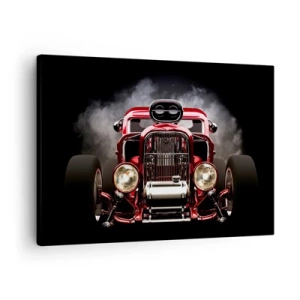Bild auf Leinwand - Leinwandbild - Roter klassischer Rennwagen auf dunklem Hintergrund - 70x50cm - Schnell und wahnsinnig schön - Moderne Wanddekoration für Wohnzimmer und Schlafzimmer ARTTOR