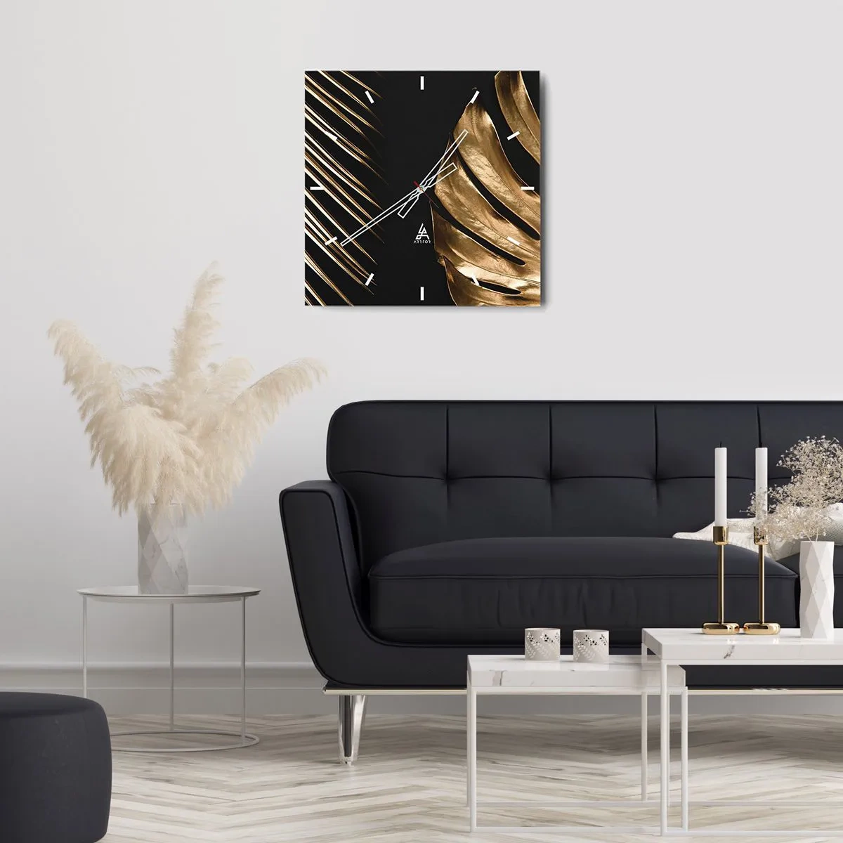 Wanduhr - Glasuhr - Goldene Blätter auf schwarzem Hintergrund - 30x30cm - Anders und genauso teuer - Moderne Wanddekoration für Wohnzimmer und Schlafzimmer ARTTOR