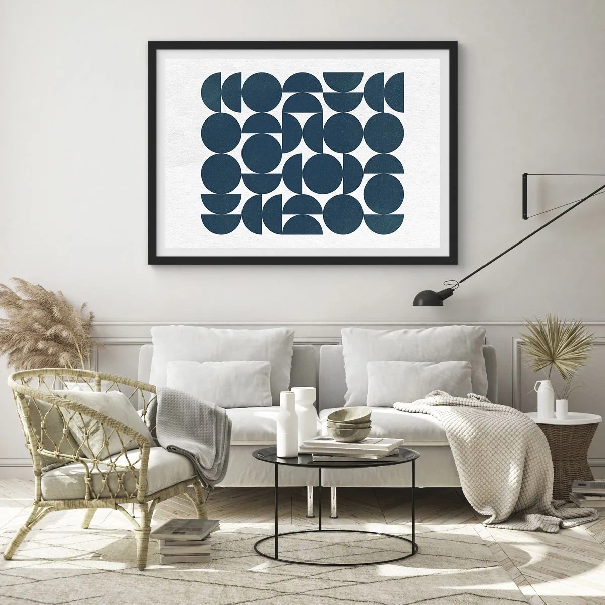 Poster in einem schwarzem Rahmen - Geometrische Formen in Marineblautönen auf weißem Hintergrund - 100x70cm - Kreise und Halbkreise - Moderne Wanddekoration für Wohnzimmer und Schlafzimmer ARTTOR