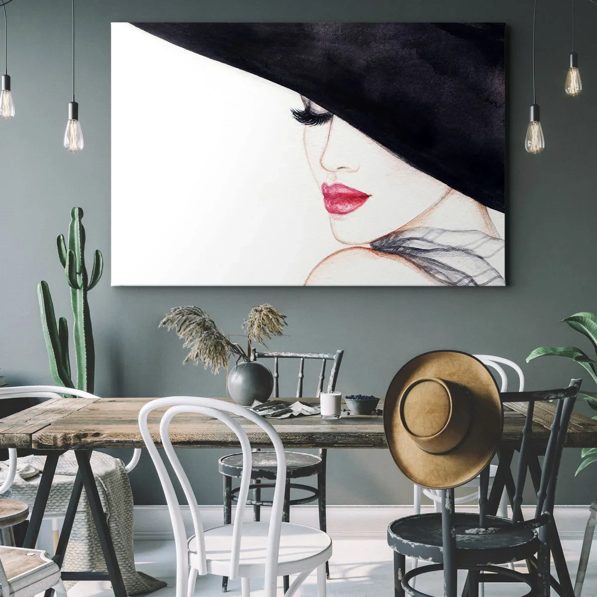 Bild auf Leinwand - Leinwandbild - Eine subtile Illustration einer Frau mit schwarzem Hut und roten Lippen - 70x50cm - Eleganz und Sinnlichkeit - Moderne Wanddekoration für Wohnzimmer und Schlafzimmer ARTTOR