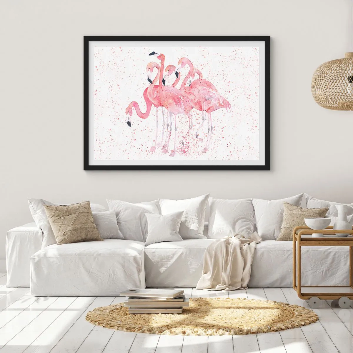 Poster in einem schwarzem Rahmen - Rosa Flamingos im künstlerischen Aquarellstil - 100x70cm - Rosa Ensemble - Moderne Wanddekoration für Wohnzimmer und Schlafzimmer ARTTOR