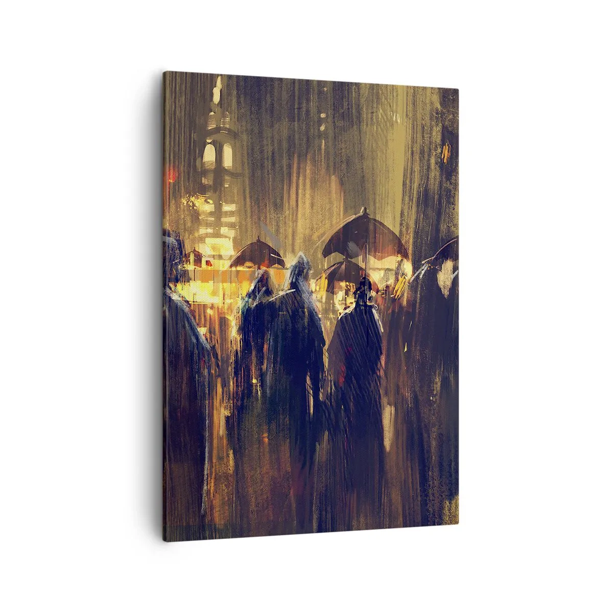 Bild auf Leinwand - Leinwandbild - Figuren mit Regenschirmen in einer verregneten Stadt bei Nacht - 50x70cm - Anhänger des Regens - Moderne Wanddekoration für Wohnzimmer und Schlafzimmer ARTTOR
