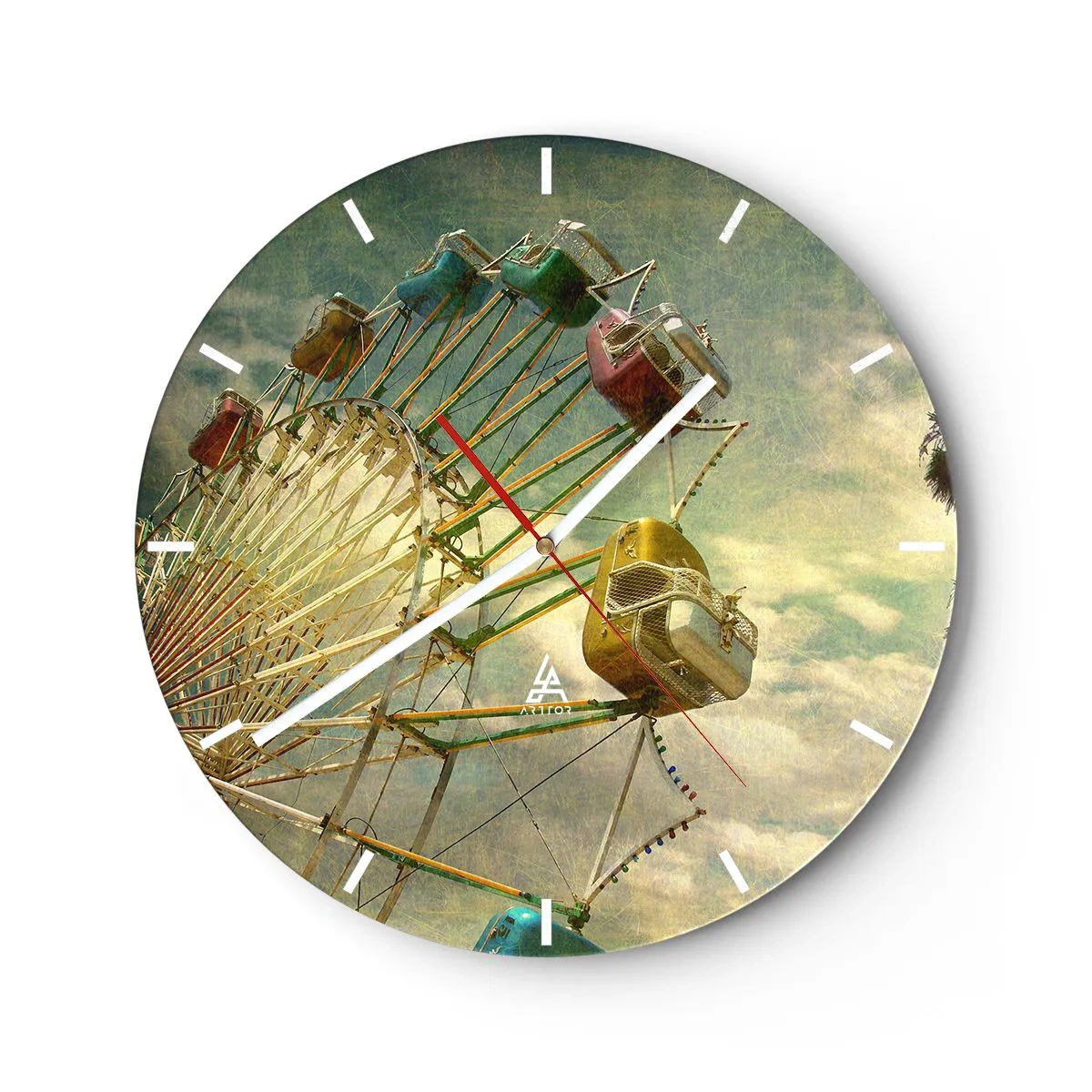 Wanduhr - Glasuhr - Ein buntes Riesenrad gegen den Himmel im Retro-Stil - 30x30cm - Es wird Spaß geben ... - Moderne Wanddekoration für Wohnzimmer, Küche und Schlafzimmer ARTTOR