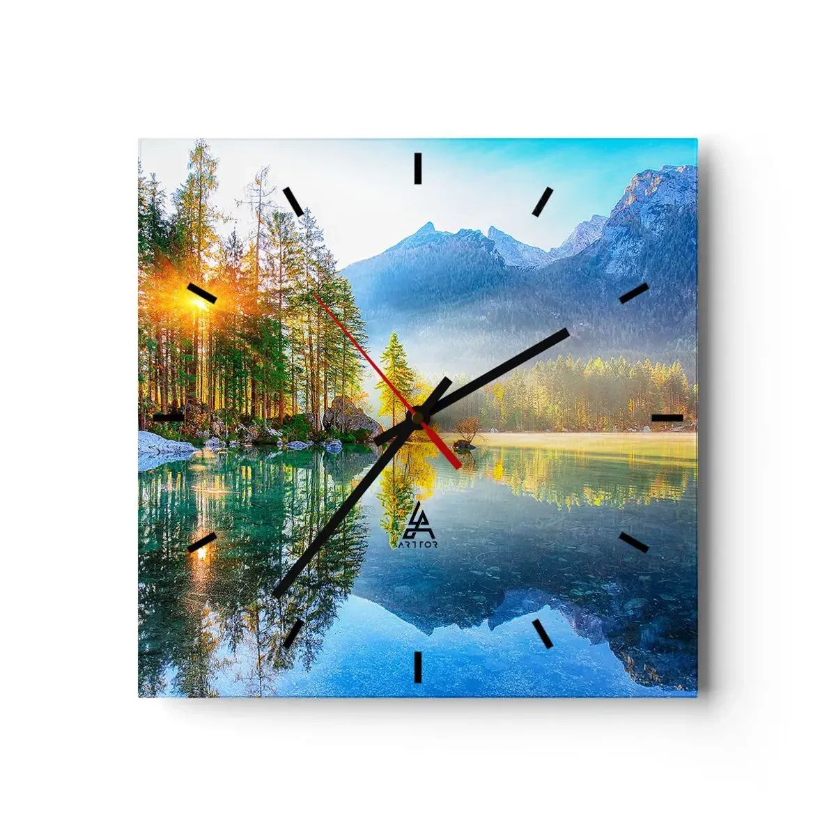 Wanduhr - Glasuhr - Ein See, umgeben von Bergen und Wäldern in den Strahlen der Sonne - 30x30cm - Majestät und Süße - Moderne Wanddekoration für Wohnzimmer und Schlafzimmer ARTTOR