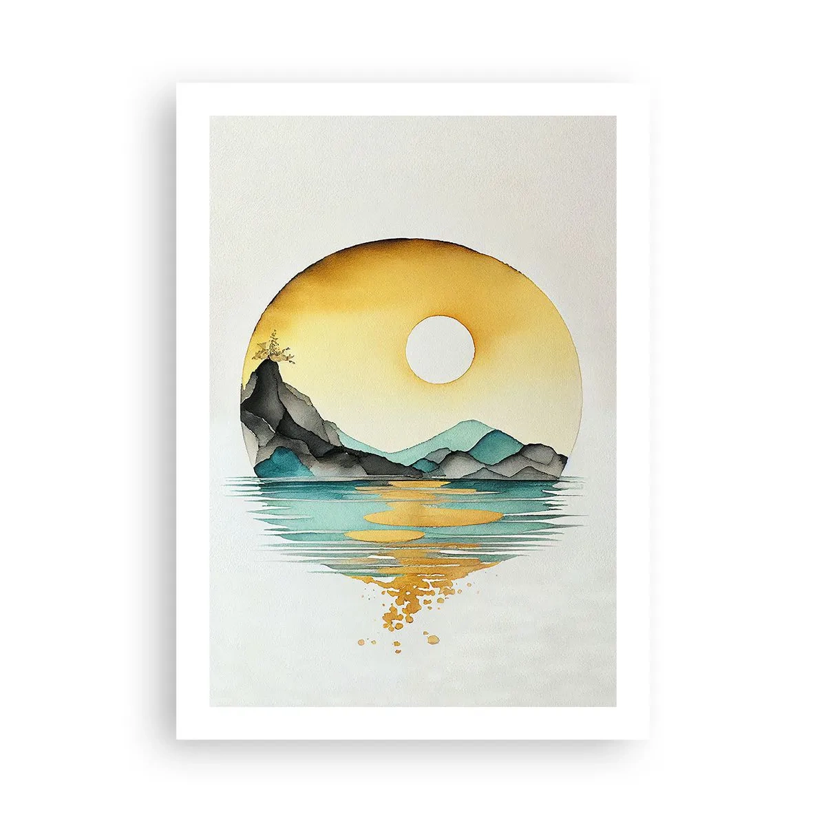 Poster - Eine minimalistische Landschaft aus Bergen über Wasser in goldenen Farben - 50x70cm - Im Kreis der Schönheit - Moderne Wanddekoration für Wohnzimmer und Schlafzimmer ARTTOR