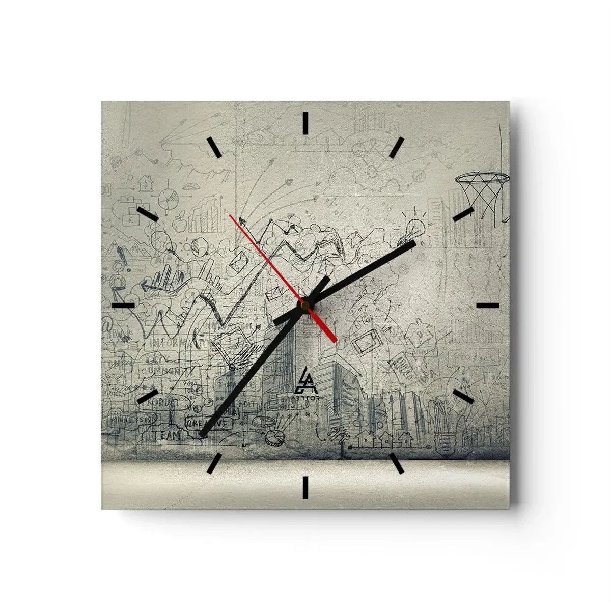 Wanduhr - Glasuhr - Zeichnungen und Diagramme vor dem Hintergrund einer rohen Wand - 30x30cm - Mein tolles Stadtleben - Moderne Wanddekoration für Wohnzimmer und Schlafzimmer ARTTOR