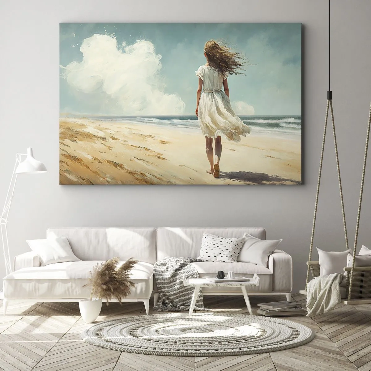 Bild auf Leinwand - Leinwandbild - Eine Frau in einem weißen Kleid geht an einem sonnigen Tag am Strand spazieren - 70x50cm - Der Sonne und dem Wind begegnen - Moderne Wanddekoration für Wohnzimmer und Schlafzimmer ARTTOR
