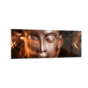 Glasbild - Bild auf glas - Eine Buddha-Statue inmitten von Flammen in goldenen Farbtönen - 140x50cm - Es existiert nur hier und jetzt - Moderne Wanddekoration für Wohnzimmer und Schlafzimmer ARTTOR