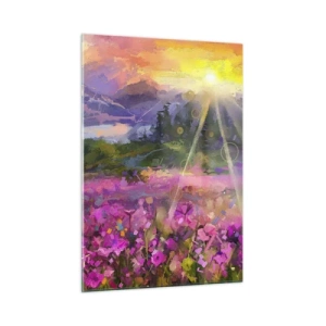Glasbild - Bild auf glas - Ein malerisches Tal voller Blumen, beleuchtet von den Sonnenstrahlen - 50x70cm - Im Tal unter dem Schutz der Sonne - Moderne Wanddekoration für Wohnzimmer und Schlafzimmer ARTTOR