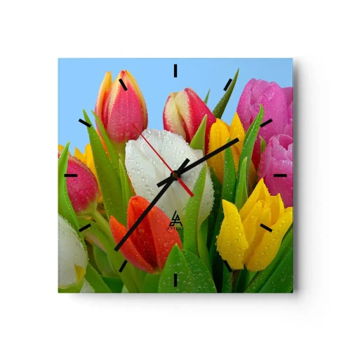 Wanduhr - Glasuhr - Bunte Tulpen mit Tautropfen auf blauem Hintergrund bedeckt - 30x30cm - Ein blumiger Regenbogen in Tautropfen - Moderne Wanddekoration für Wohnzimmer und Schlafzimmer ARTTOR