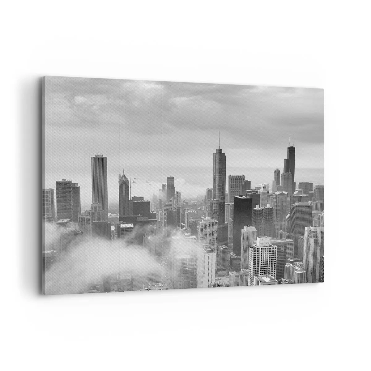 Bild auf Leinwand - Leinwandbild - Stadtpanorama mit Wolkenkratzern in den Wolken in Schwarzweiß - 100x70cm - Amerikanische Landschaft - Moderne Wanddekoration für Wohnzimmer und Schlafzimmer ARTTOR