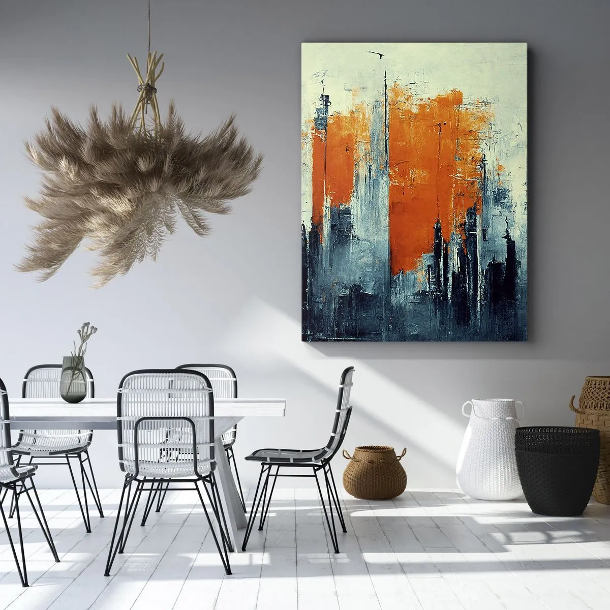 Bild auf Leinwand - Leinwandbild - Abstrakte Stadtlandschaft in Orange- und Blautönen - 50x70cm - Moderne Landschaft - Moderne Wanddekoration für Wohnzimmer und Schlafzimmer ARTTOR