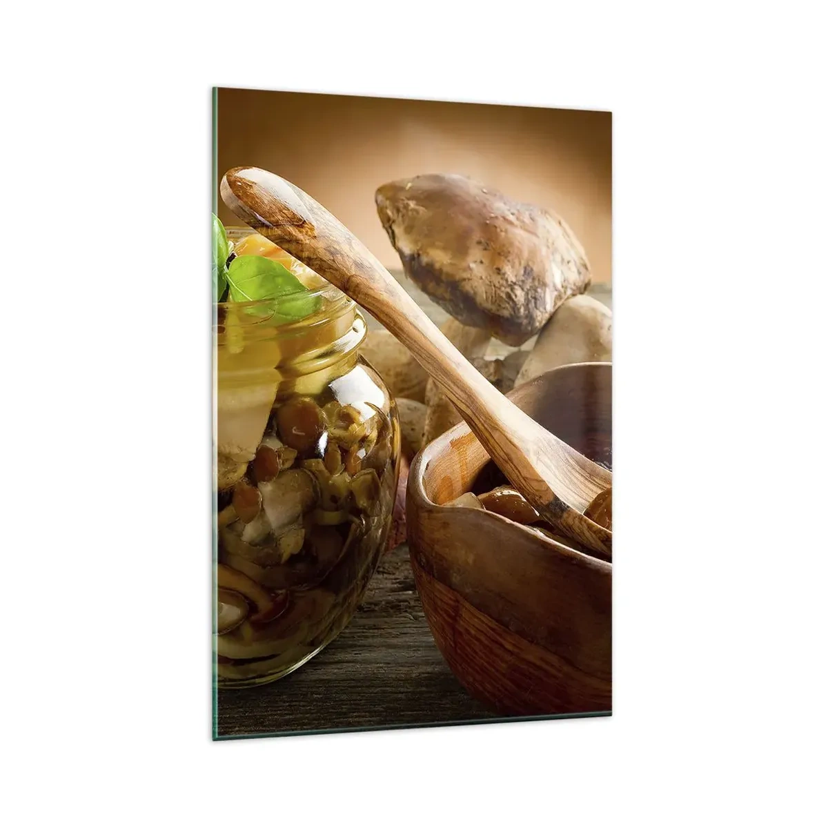 Glasbild - Bild auf glas - Natürliche Pilze in einem Glas auf einem rustikalen Tisch - 80x120cm - Ob frisch oder gesalzen, oder in der Herbstsaison ... - Moderne Wanddekoration für Wohnzimmer und Schlafzimmer ARTTOR