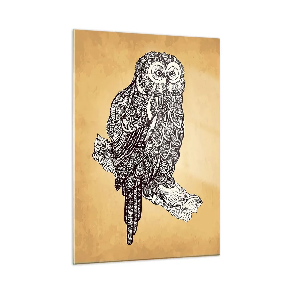 Glasbild - Bild auf glas - Ornamentale Eule auf Sepia-Hintergrund - 50x70cm - Kunstvolle Ornamente der Weisheit - Moderne Wanddekoration für Wohnzimmer und Schlafzimmer ARTTOR
