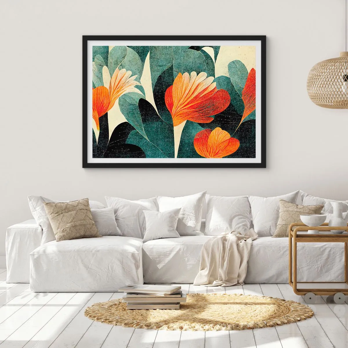 Poster in einem schwarzem Rahmen - Blüten in intensiven Orange- und Grüntönen - 70x50cm - Hitze der Tropen und Kühle des Grüns - Moderne Wanddekoration für Wohnzimmer und Schlafzimmer ARTTOR