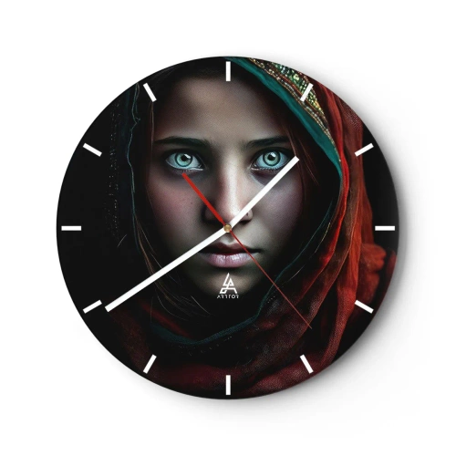 Wanduhr - Glasuhr - Porträt eines Mädchens mit rotem Schal und intensivem Blick - 30x30cm - Prinzessin aus dem Osten - Moderne Wanddekoration für Wohnzimmer, Küche und Schlafzimmer ARTTOR