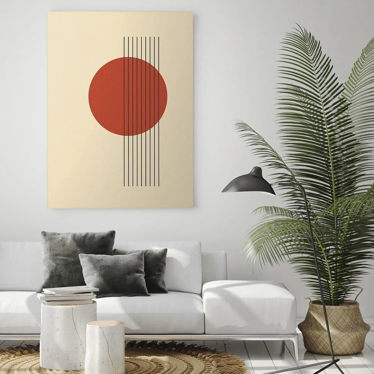 Glasbild - Bild auf glas - Abstrakter roter Kreis mit Linien auf beigem Hintergrund. - 80x120cm - Immer wieder und weiter - Moderne Wanddekoration für Wohnzimmer und Schlafzimmer ARTTOR