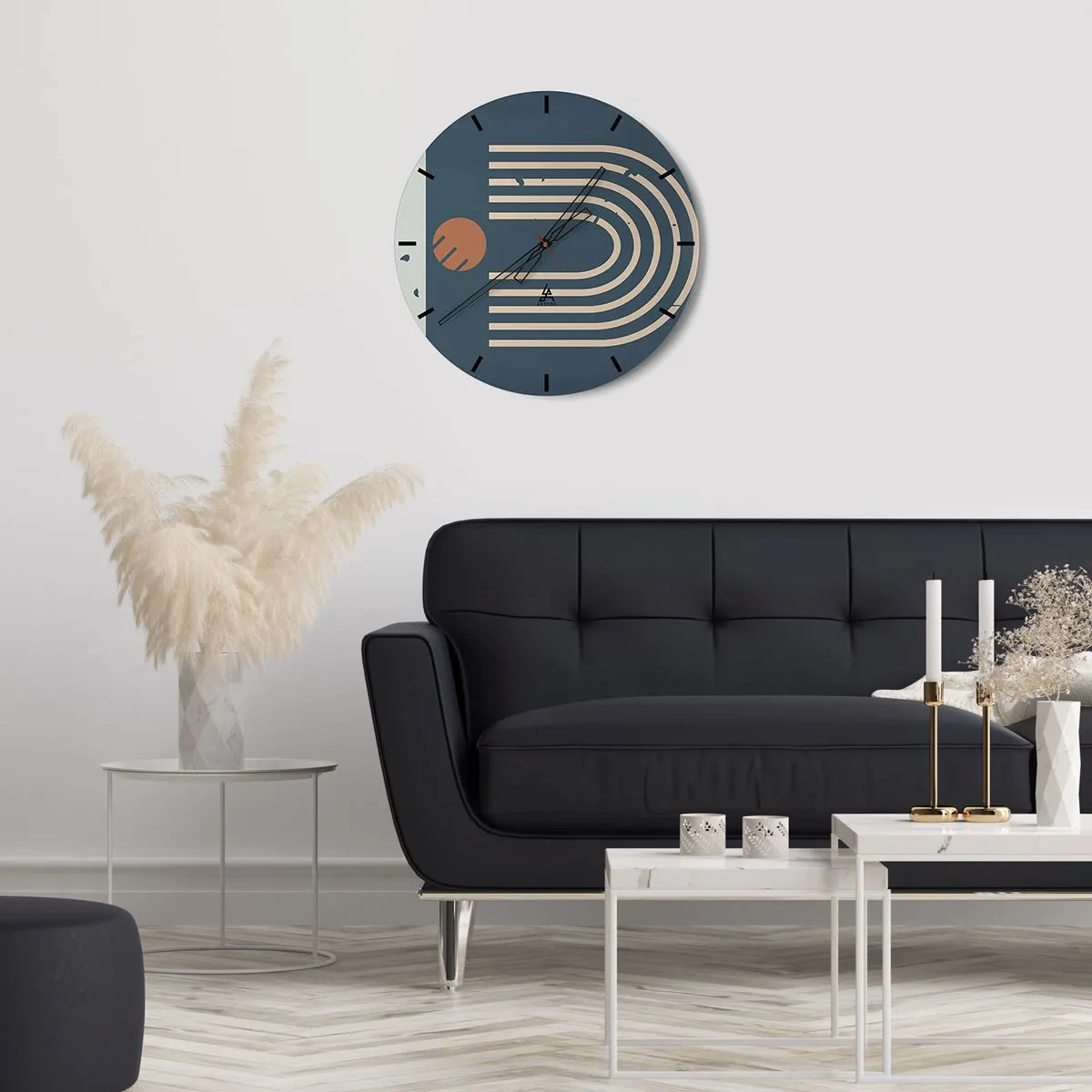 Wanduhr - Glasuhr - Abstraktes geometrisches Muster in Marineblau- und Beigetönen - 30x30cm - Geometrie auf dem Granatapfel - Moderne Wanddekoration für Wohnzimmer, Küche und Schlafzimmer ARTTOR