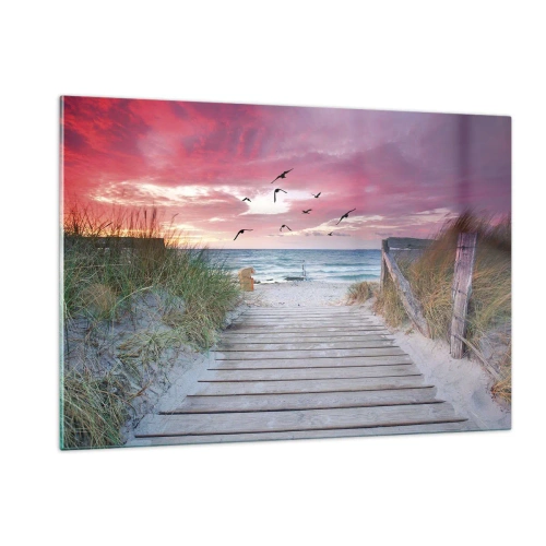 Glasbild - Bild auf glas - Weg zum Strand bei Sonnenuntergang mit fliegenden Vögeln - 120x80cm - Baltischer Eindruck - Moderne Wanddekoration für Wohnzimmer und Schlafzimmer ARTTOR