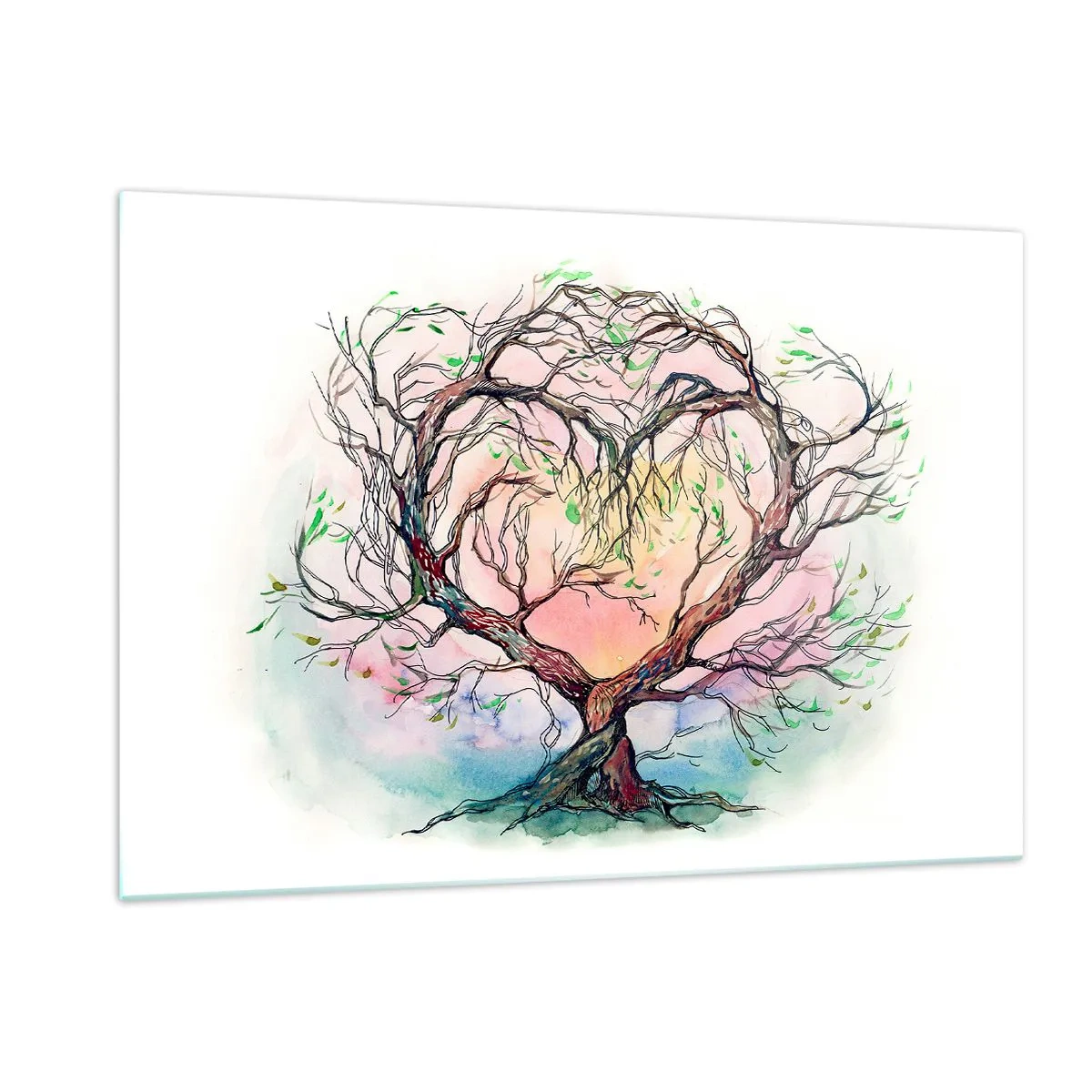 Glasbild - Bild auf glas - Ein herzförmiger Baum mit einem farbenfrohen, pastellfarbenen Hintergrund - 120x80cm - Gemeinsam gegen die Stürme - Moderne Wanddekoration für Wohnzimmer und Schlafzimmer ARTTOR