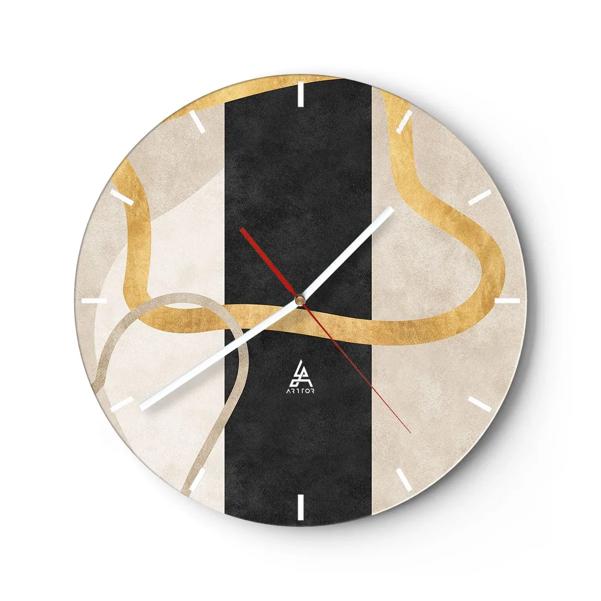 Wanduhr - Glasuhr - Goldene Linien auf schwarzem Streifen und beigen Formen - 30x30cm - Schleifenformen - Moderne Wanddekoration für Wohnzimmer, Küche und Schlafzimmer ARTTOR