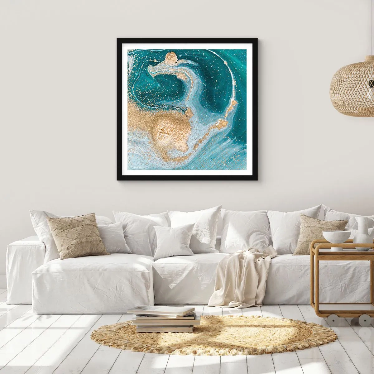 Poster in einem schwarzem Rahmen - Ein Strudel aus Gold und Türkis - 50x50 cm