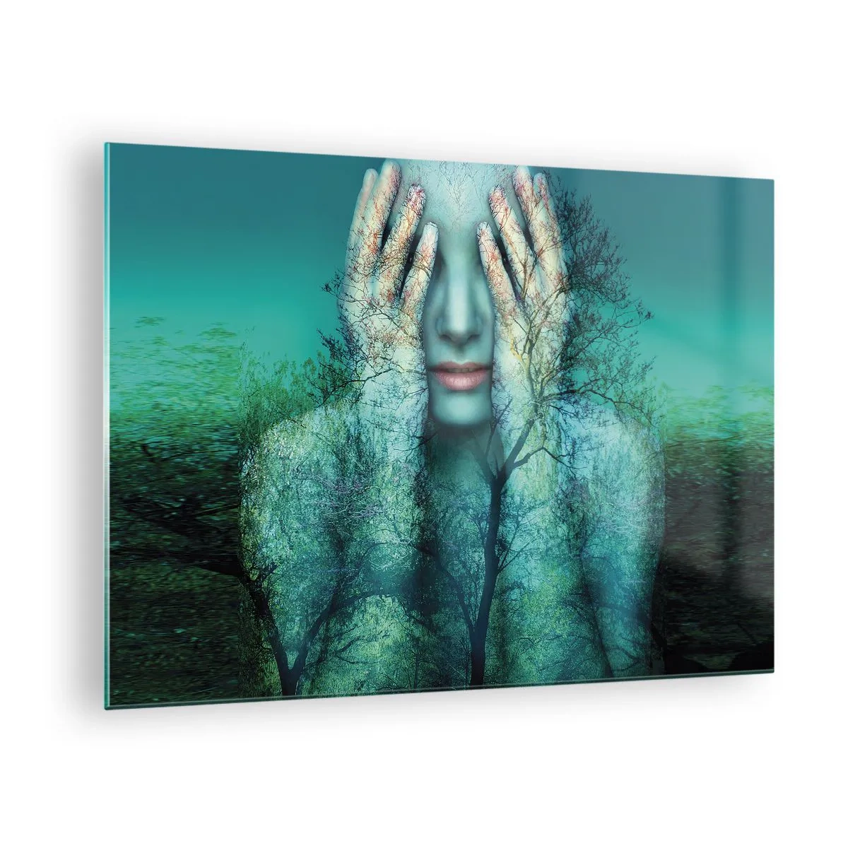 Glasbild - Bild auf glas - Ein Frauengesicht mit Baummotiv in surrealer Kulisse - 70x50cm - Eingetaucht in Blau - Moderne Wanddekoration für Wohnzimmer und Schlafzimmer ARTTOR