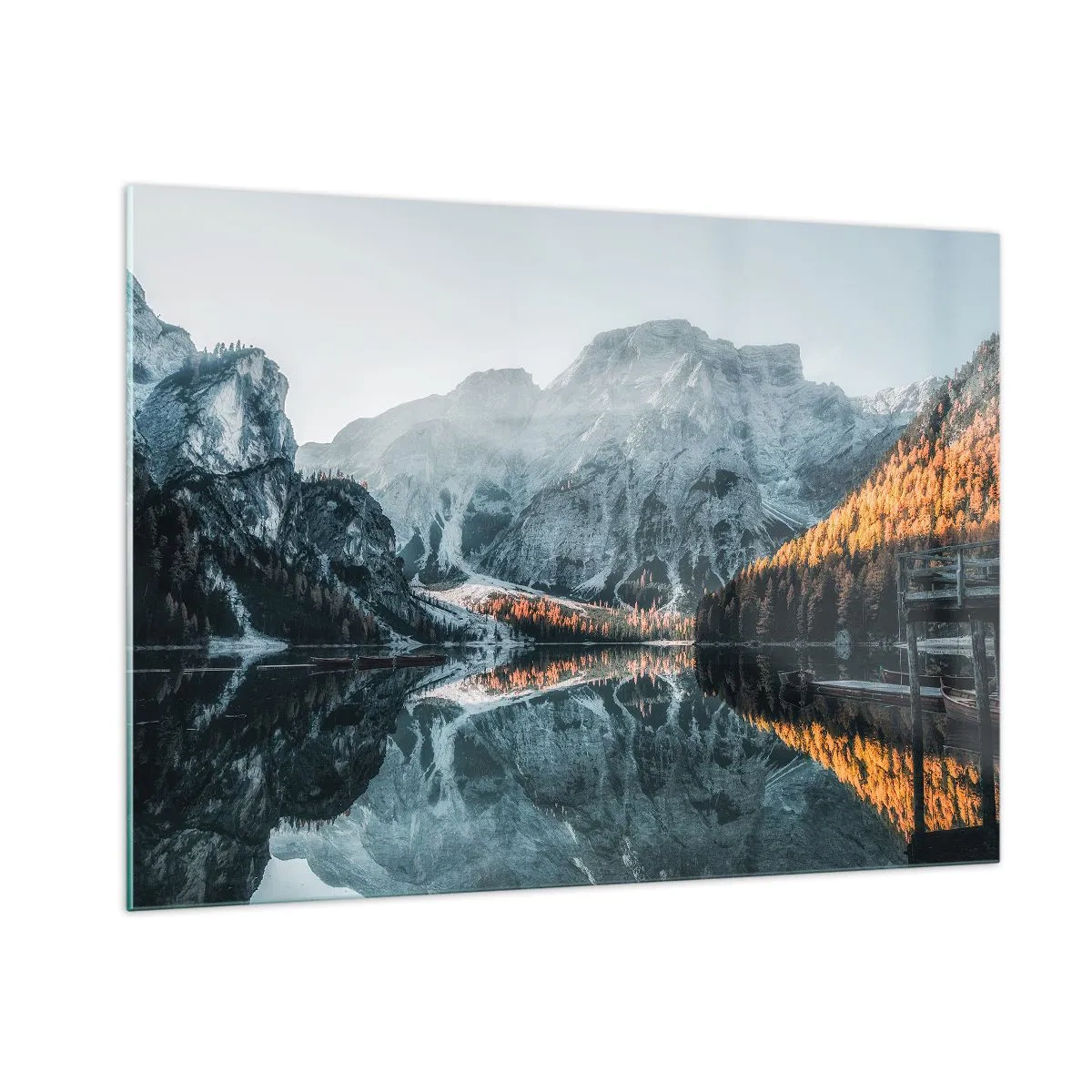 Glasbild - Bild auf glas - Eine Berglandschaft spiegelt sich in der ruhigen Oberfläche des Sees - 100x70cm - Spiegellandschaft - Moderne Wanddekoration für Wohnzimmer und Schlafzimmer ARTTOR
