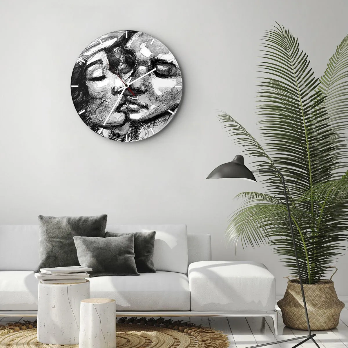 Wanduhr - Glasuhr - Schwarz-Weiß-Skizze eines küssenden Paares - 30x30cm - Zärtlicher Moment - Moderne Wanddekoration für Wohnzimmer, Küche und Schlafzimmer ARTTOR