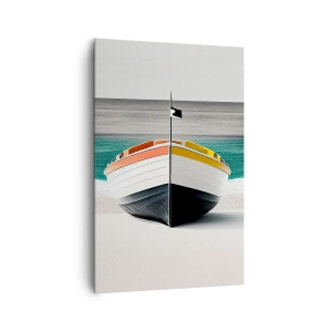 Bild auf Leinwand - Leinwandbild - Ein Boot am Strand mit türkisfarbenem Meer im Hintergrund - 80x120cm - An seinem Platz - Moderne Wanddekoration für Wohnzimmer und Schlafzimmer ARTTOR