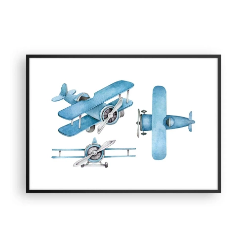 Poster in einem schwarzem Rahmen - Blaue Retro-Flugzeuge - 100x70cm - Geboren um zu gewinnen - Moderne Wanddekoration für Wohnzimmer und Schlafzimmer ARTTOR