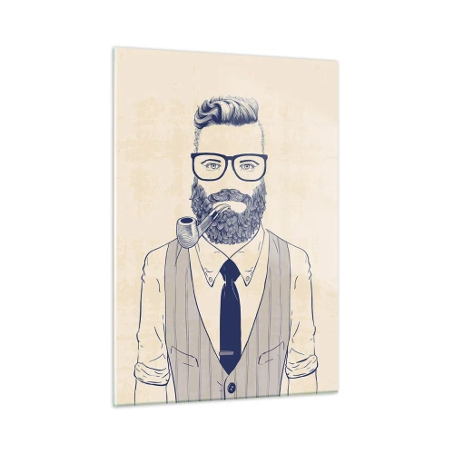 Glasbild - Bild auf glas - Ein stilisierter Mann mit Bart, Brille und Pfeife auf hellem Hintergrund. - 50x70cm - Fröhlich, maskulin und modisch - Moderne Wanddekoration für Wohnzimmer und Schlafzimmer ARTTOR