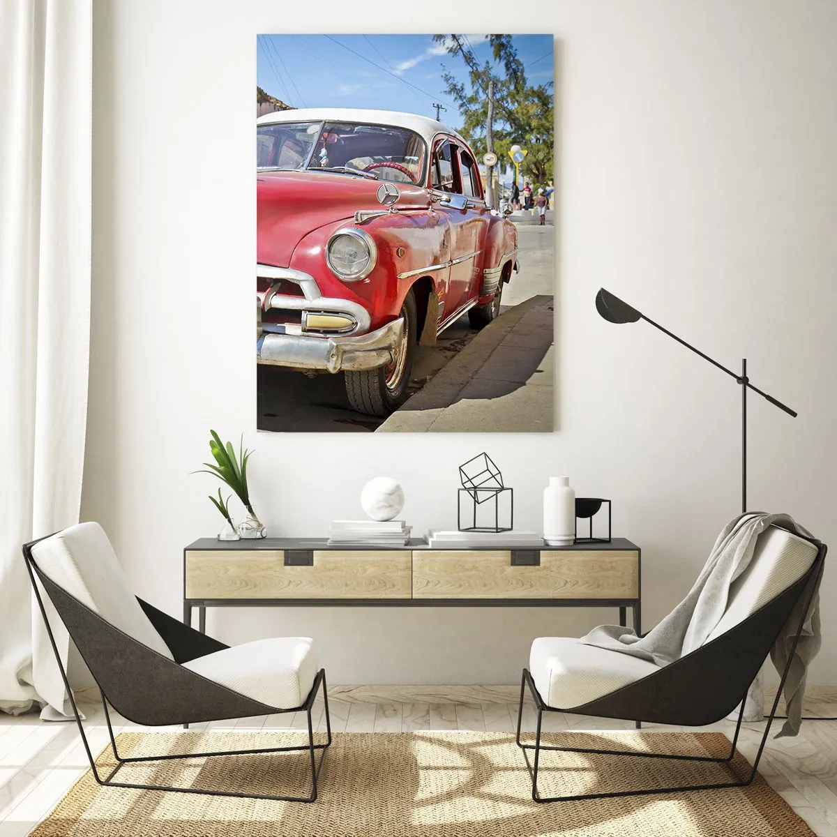 Glasbild - Bild auf glas - Roter Oldtimer auf einer Stadtstraße - 50x70cm - Nur in Kuba - Moderne Wanddekoration für Wohnzimmer und Schlafzimmer ARTTOR