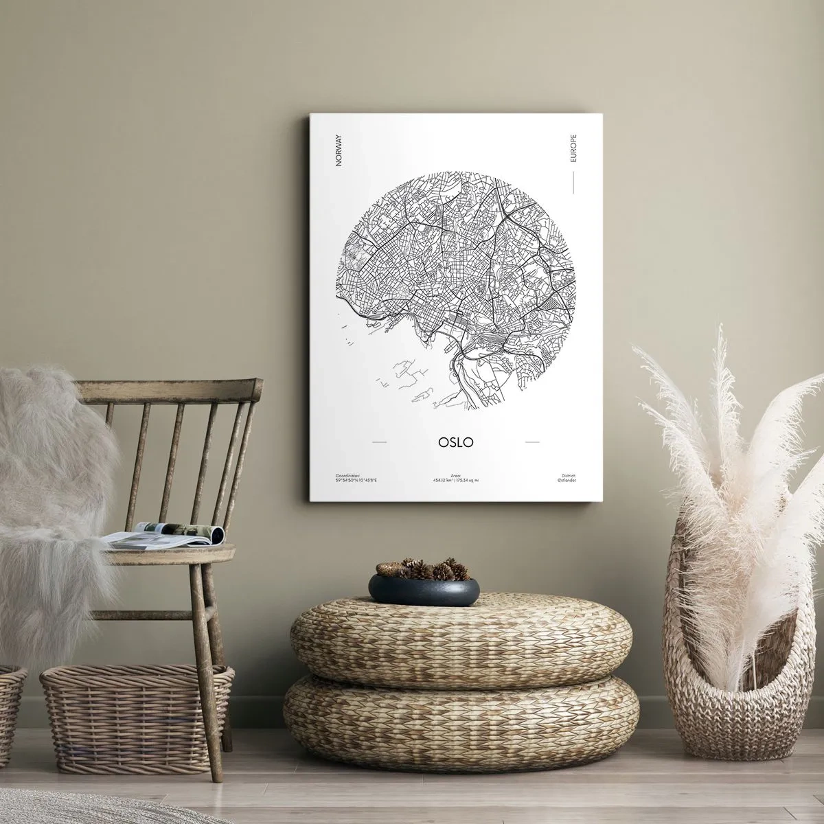 Bild auf Leinwand - Leinwandbild - Eine Karte von Oslo im minimalistischen Schwarz-Weiß-Stil. - 70x100cm - Anatomie von Oslo - Moderne Wanddekoration für Wohnzimmer und Schlafzimmer ARTTOR