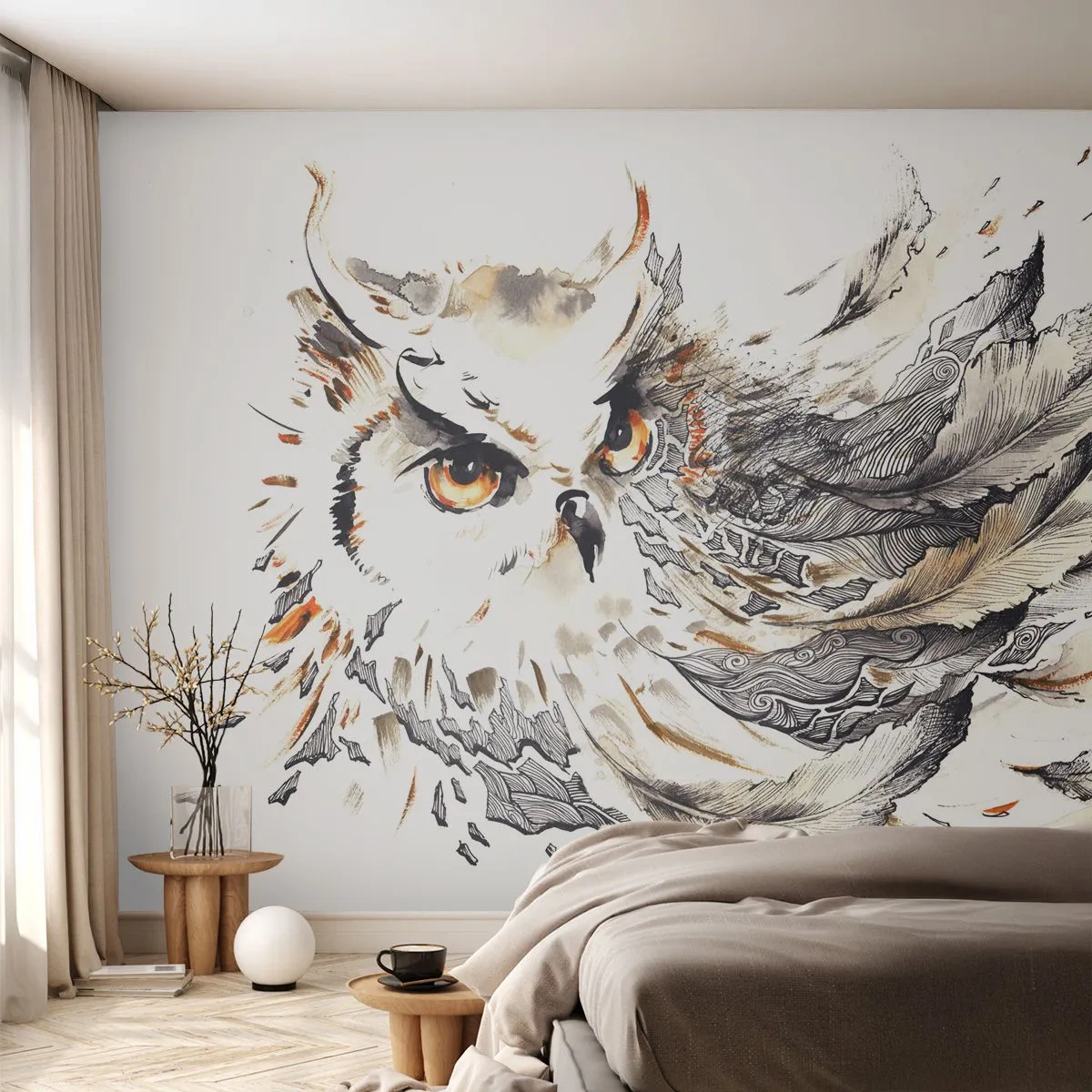 Selbstklebende Fototapete Deluxe Sticker - Sie kam aus der Welt der Magie - Vogel, Eule, Grafik - 250x175 cm