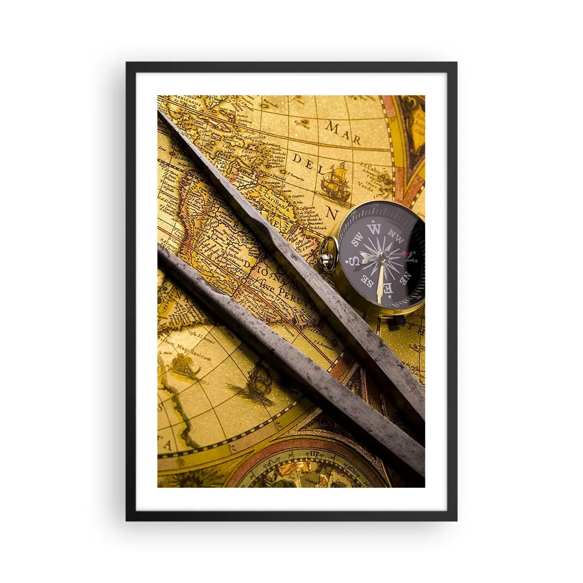 Poster in einem schwarzem Rahmen - Alte Karte mit Kompass und Navigationstools - 50x70cm - Wo sind diese Schätze? - Moderne Wanddekoration für Wohnzimmer und Schlafzimmer ARTTOR